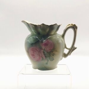 Antique Fine Porcelain Creamer, Handpainted Roses, Gold Trim.